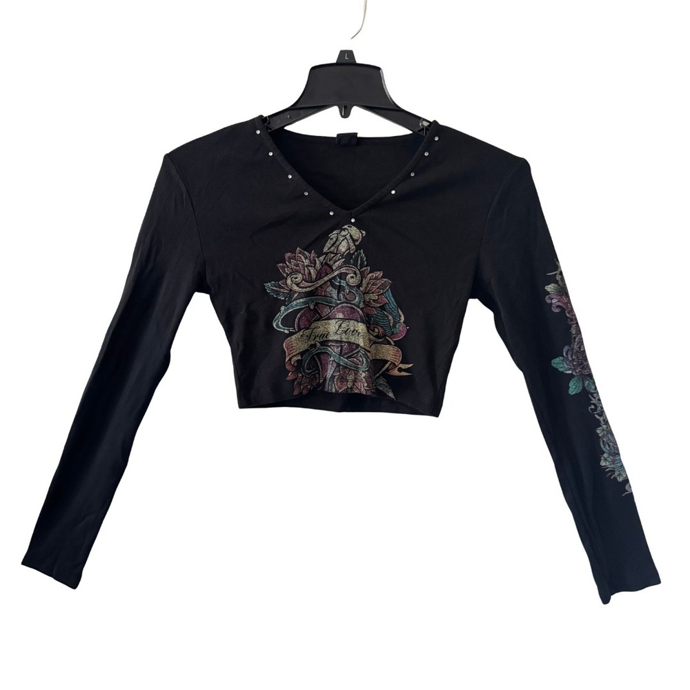 Urban Outfitters Tattoo Graphic Crop Top Size S Black V-Neck Y2K Rhinestone Goth - Picture 2 of 11